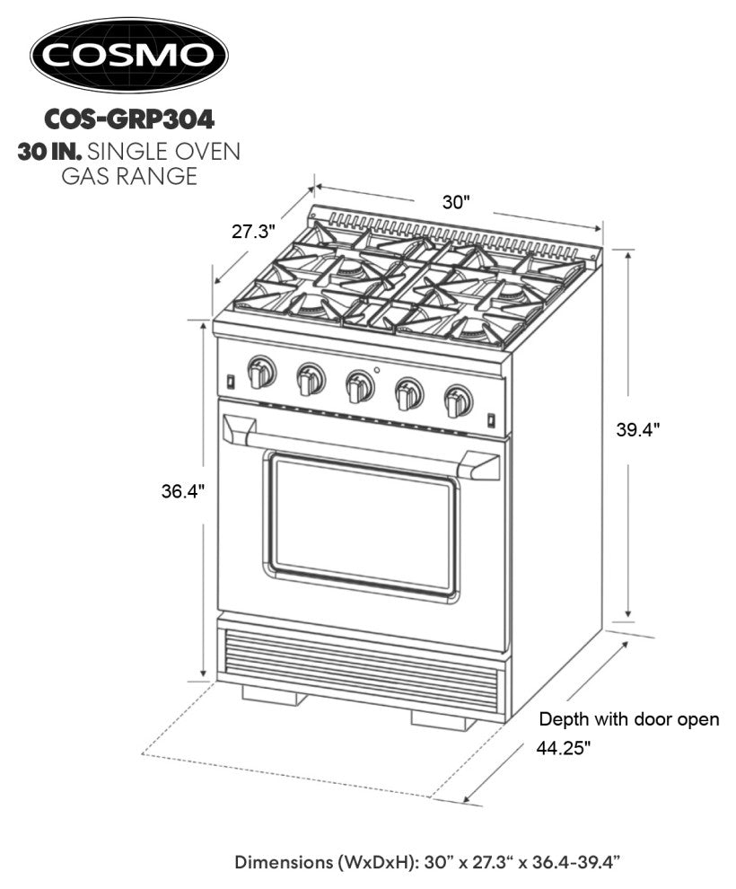 Cosmo 30" Freestanding Gas Range with 4 Italian Made Burners