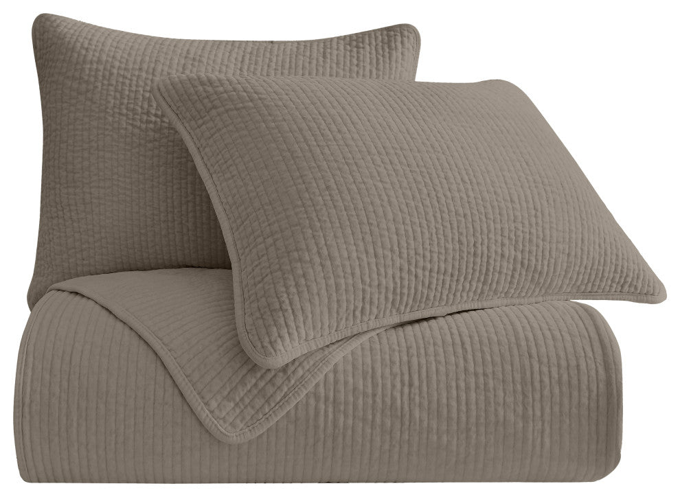 Stonewashed Cotton Velvet Quilt Set, Full/Queen, Taupe, 3 Piece