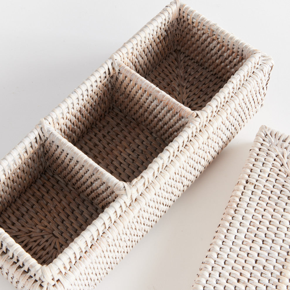 Burma Rattan 3-Compartment Lidded Box, Whitewash