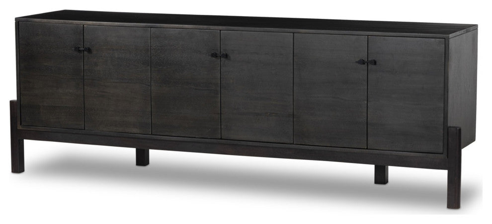 Reza Media Console Worn Black Parawood, Gunmetal Black, Worn Black Acacia