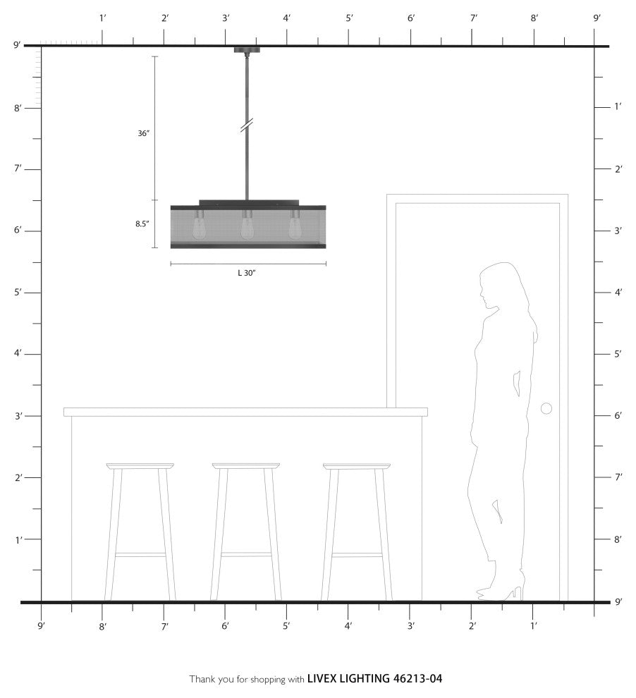Livex Lighting Industro 3 Light Black, Brushed Nickel Accents Linear Chandelier