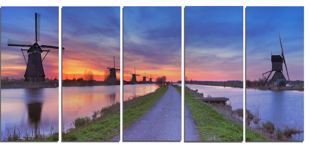 Windmills Morning Panorama, Abstract Canvas Art Print, 60"x28", 5 Panels