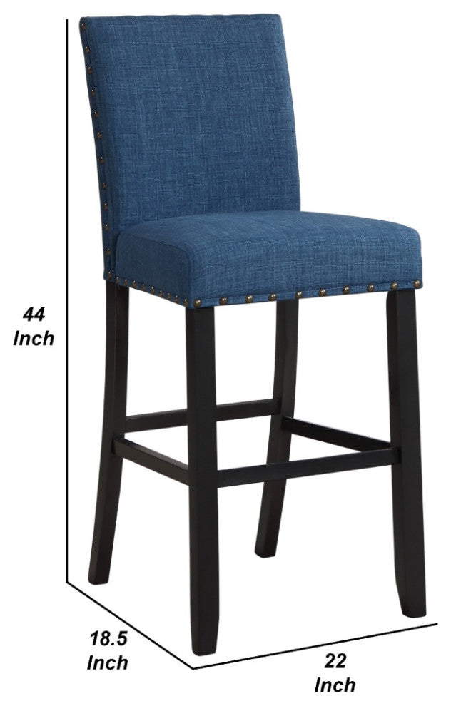Bar Chair with Fabric Seat and Nailhead Trim, Set of 2, Blue