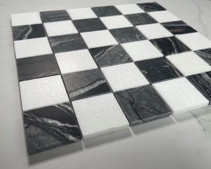 Silver Wave Black Forest Thassos White Marble Checkerboard Tile Honed, 1 sheet