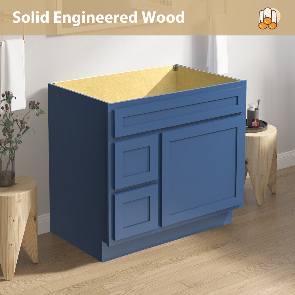 Vanity Art Vanity Base Cabinet, No Top, Drawers on Left, 36", Blue