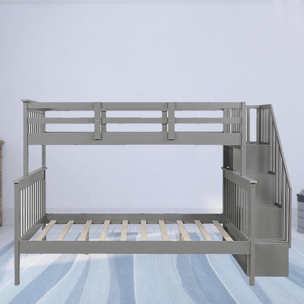 Gray Twin Over Full Contemporary Bunk Bed With Stairs And Shelves