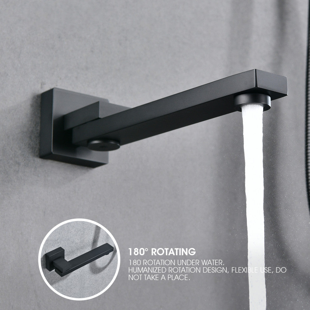Two-handle wall-mounted tub and shower faucet with hand shower head with valve, Matte Black