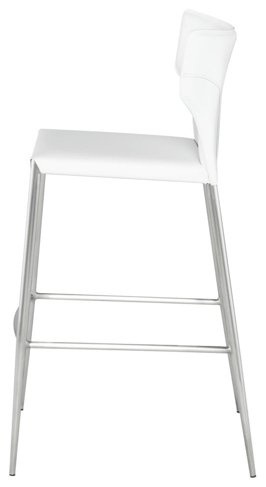 Wayne Bar Stool, Modern Barstool White Leather, Brushed Stainless Steel Legs