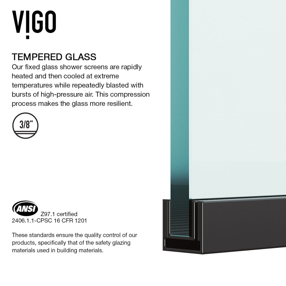 VIGO Zenith Frameless Fixed, Matte Black, Shower Screen, 34" W X 74" H, Clear Glass