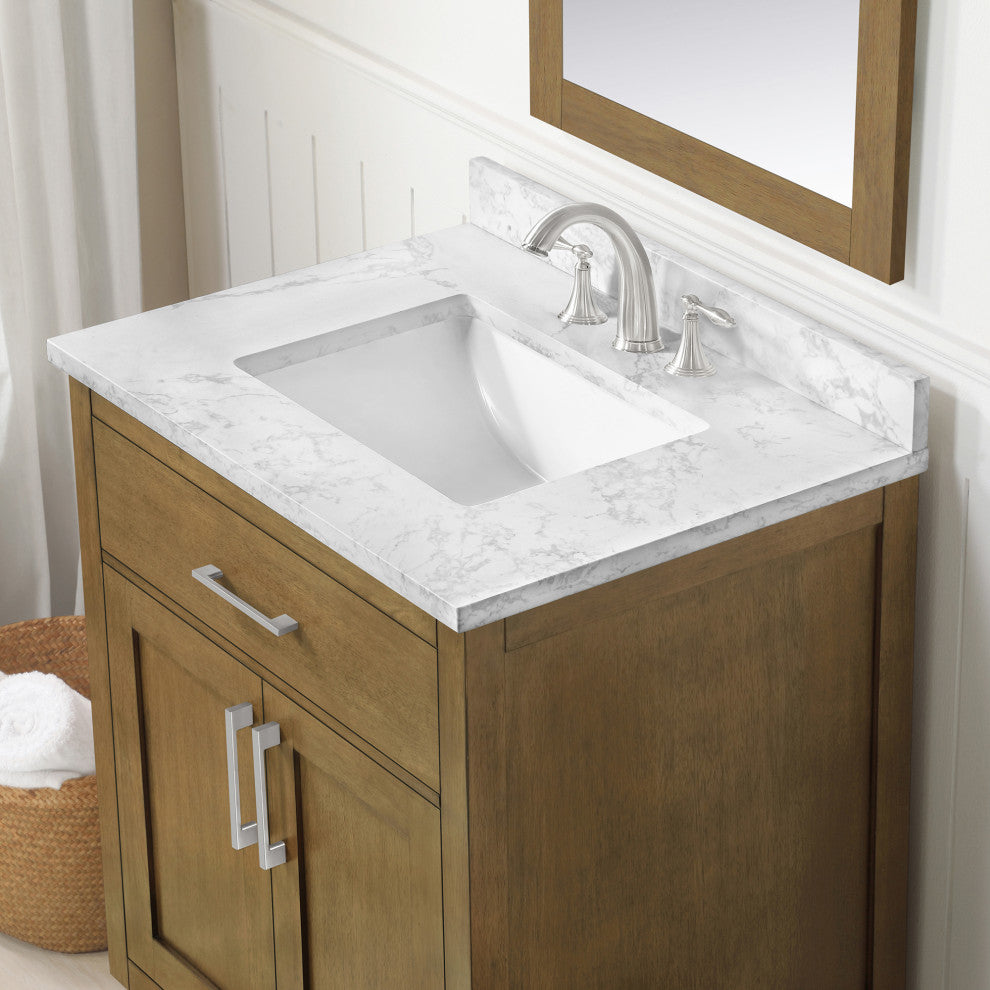 OVE Decors Athea 30" Vanity, Brushed Nickel, Extra Black Hardware, Almond Latte