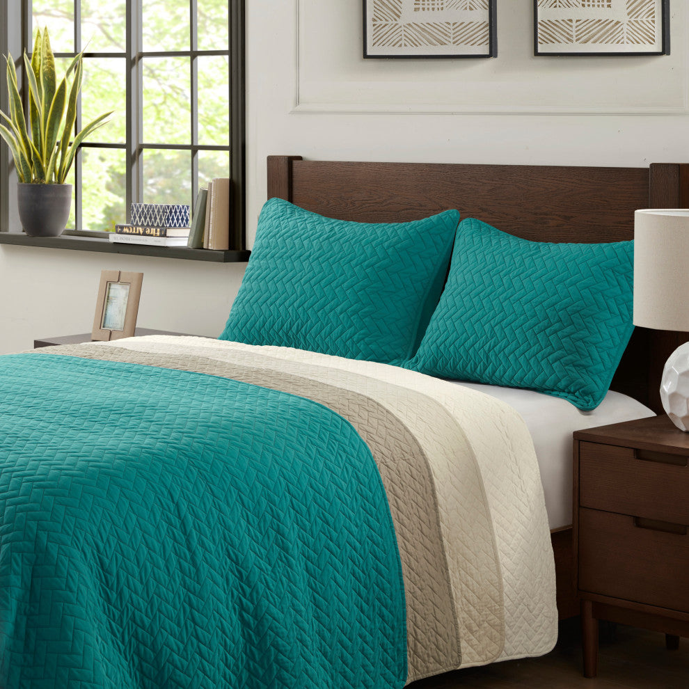 Hampton Hill Velvet Touch Herringbone Oversize 3-Piece Coverlet, Teal, Queen