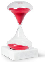 Hand Blown 45 Minute Sand Timer, Neon Red Sand On White Marble Base