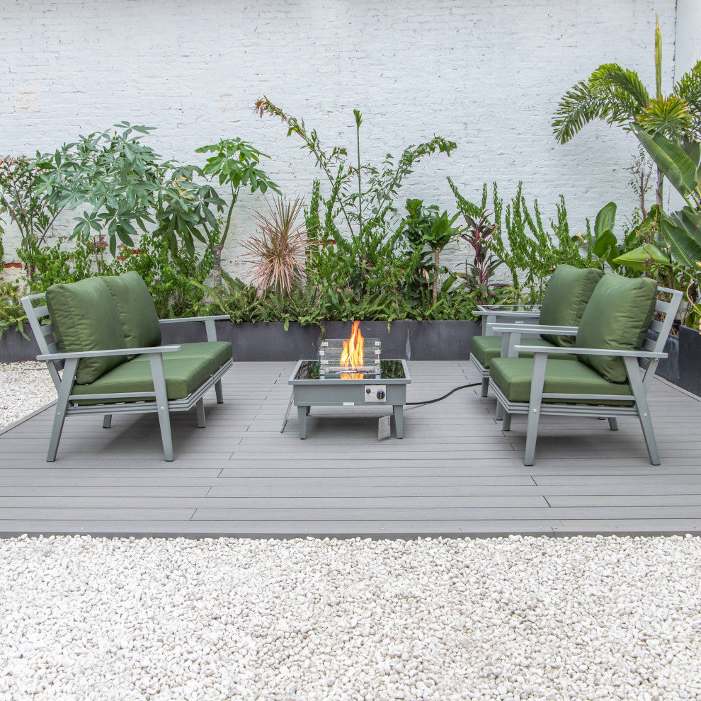 LeisureMod Walbrooke Grey Patio Sofa Set With Square Fire Pit Table, Green