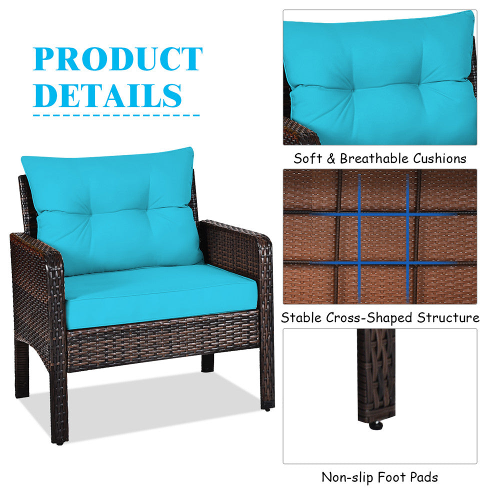 Costway 3PCS Outdoor Rattan Conversation Set Patio Cushioned Sofa Turquoise