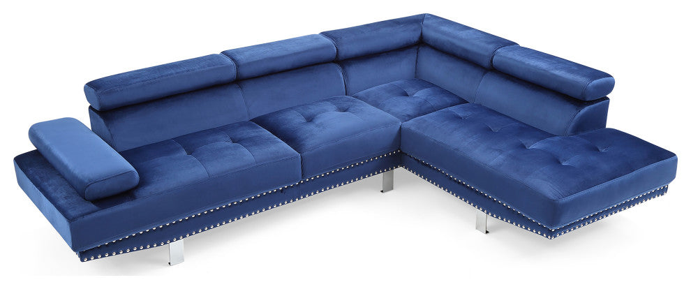 Derek 109" W 2 Piece Velvet L Shape Sectional Sofa, Navy Blue