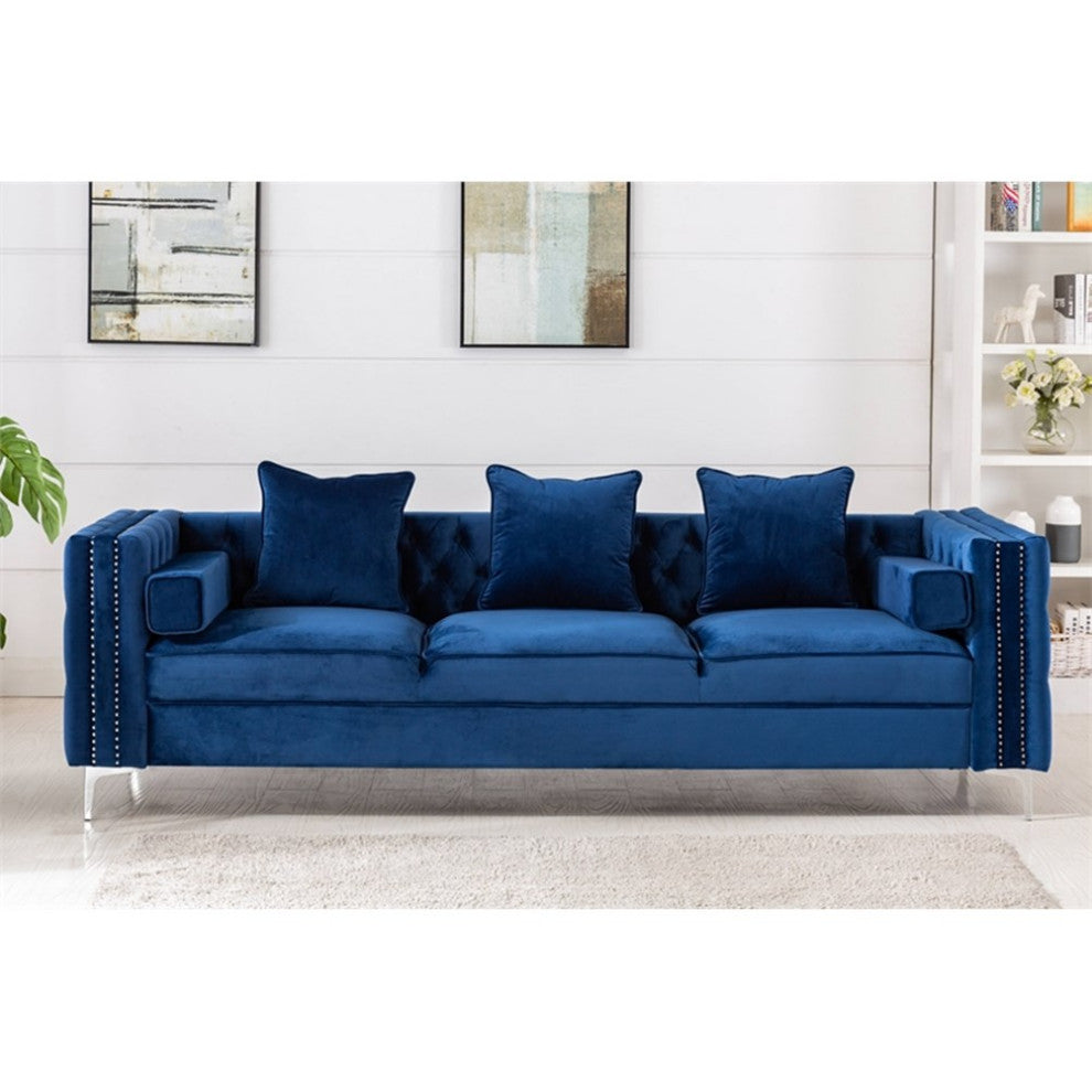 Legend Vansen 104" Modern Wood & Velvet Fabric Sofa with Ottoman in Blue