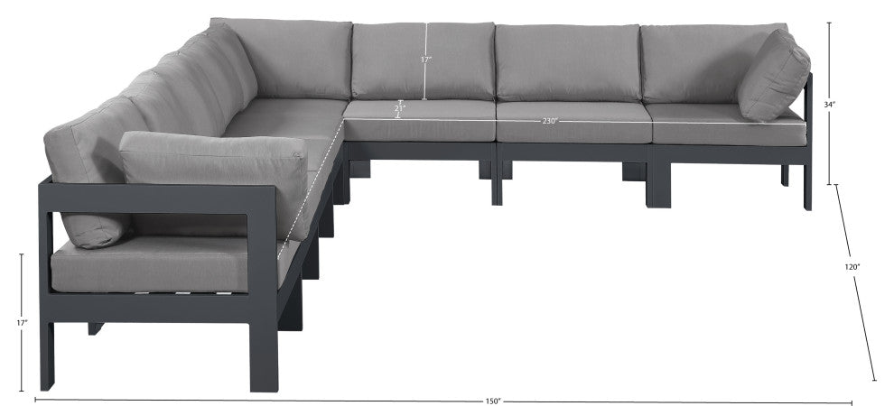 Nizuc Water Resistant Patio L-Shaped Modular Sectional, Gray, 8-Piece: 5 Armless Chair, 3 Corner Chair, Dark Gray Aluminum Frame
