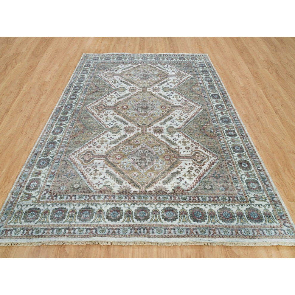 Vista White Unique Flower Rosettes Border Hand Knotted Oriental Rug 8'10"x11'10"