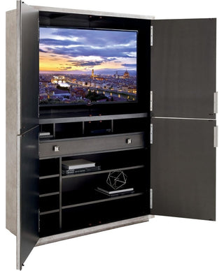 Lifestyle image showing the cabinet with TV integration and open doors.