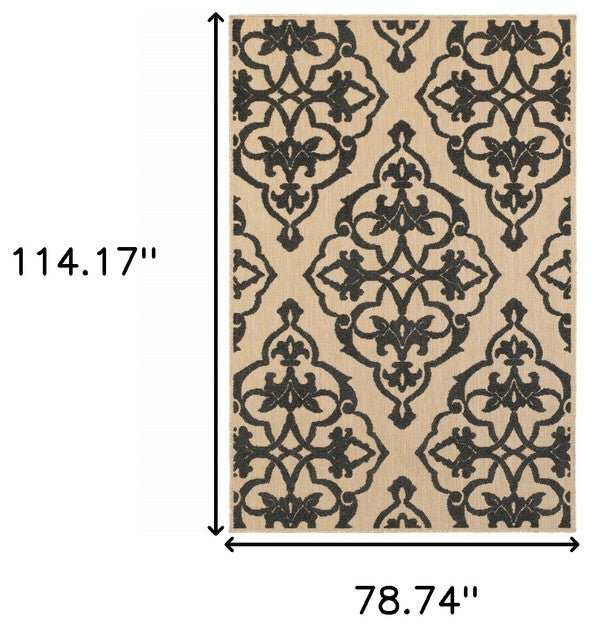 7' x 10' Beige and Black Oriental Stain Resistant Indoor Outdoor Area Rug