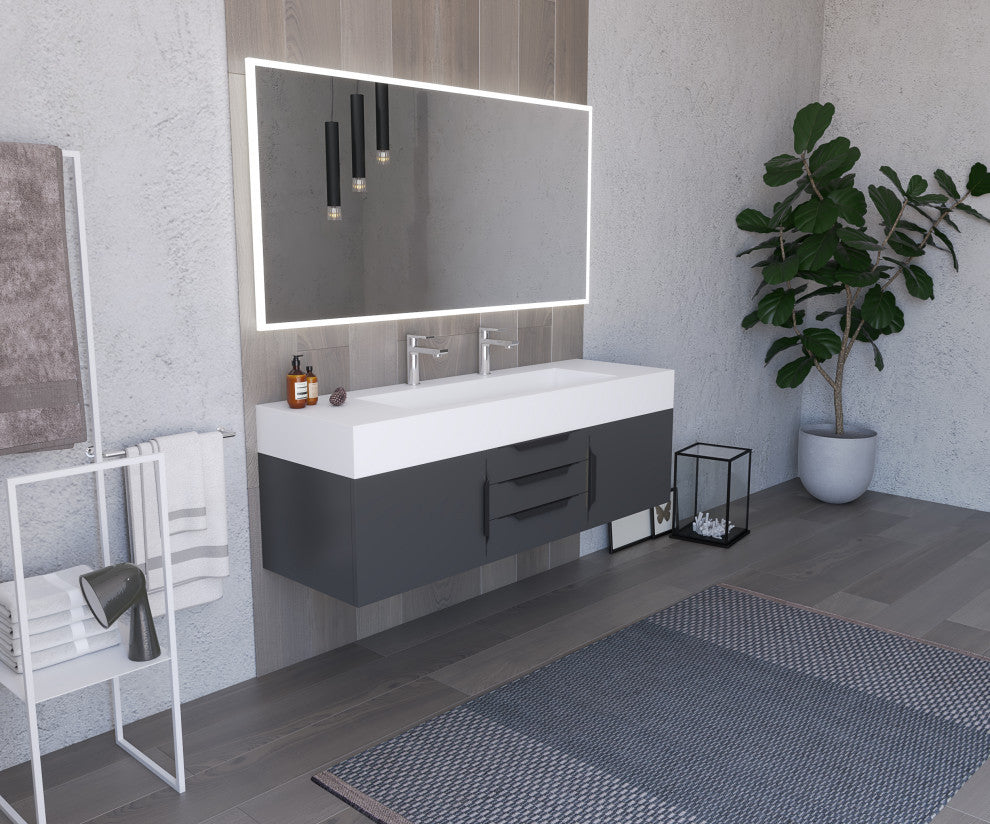CastelloUSA Alpine 60" Wall Mounted Vanity, Base Only, Black, Black Handles
