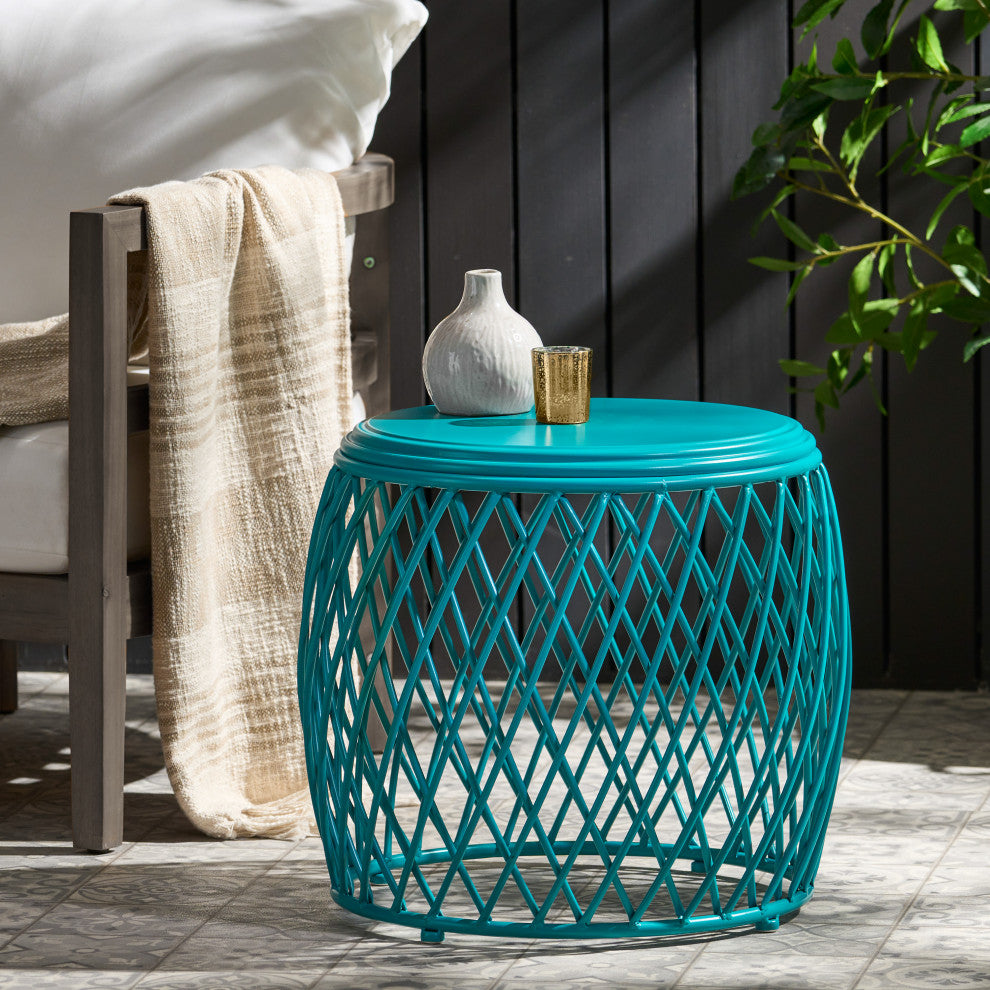 GDF Studio Alameda Outdoor 19" Diameter Lattice Iron Side Table, Matte Teal