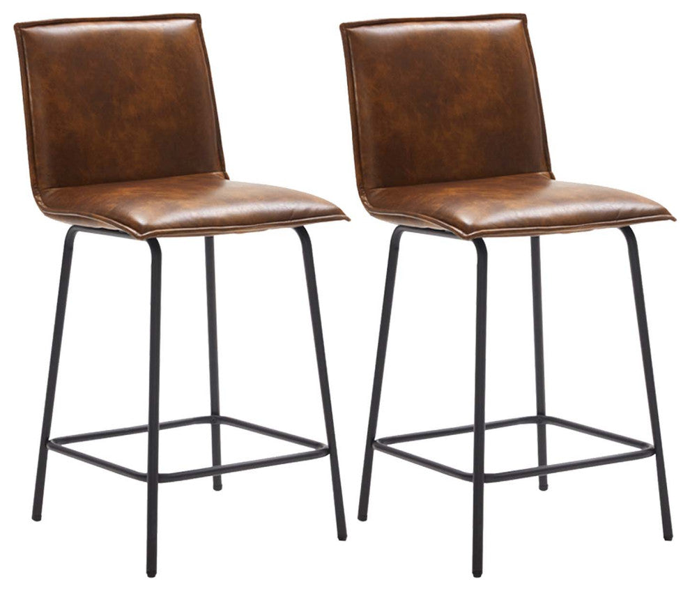 Set of 2 Modest Faux Leather Counter Stools, 24 Inch, Yellowish Brown