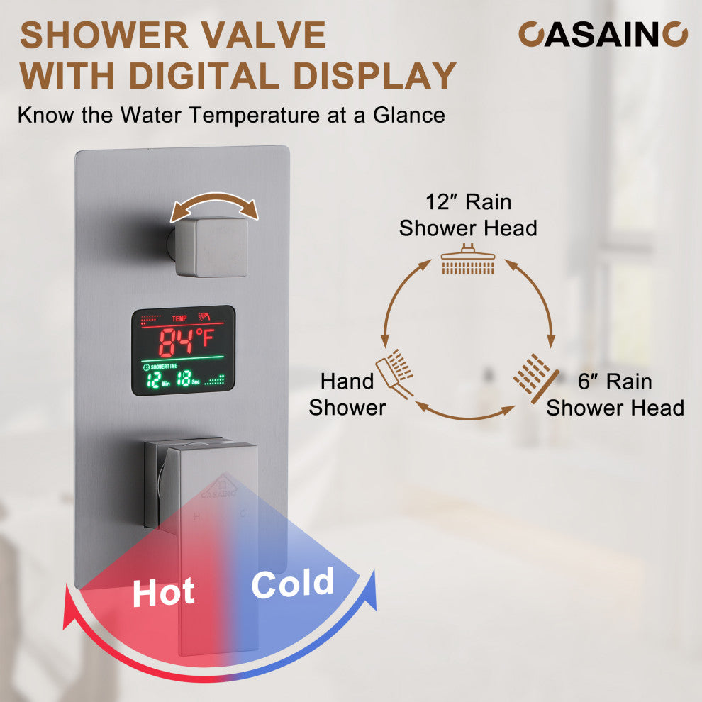 3 Function Wall Mounted Digital Display Shower System, Brushed Nickel