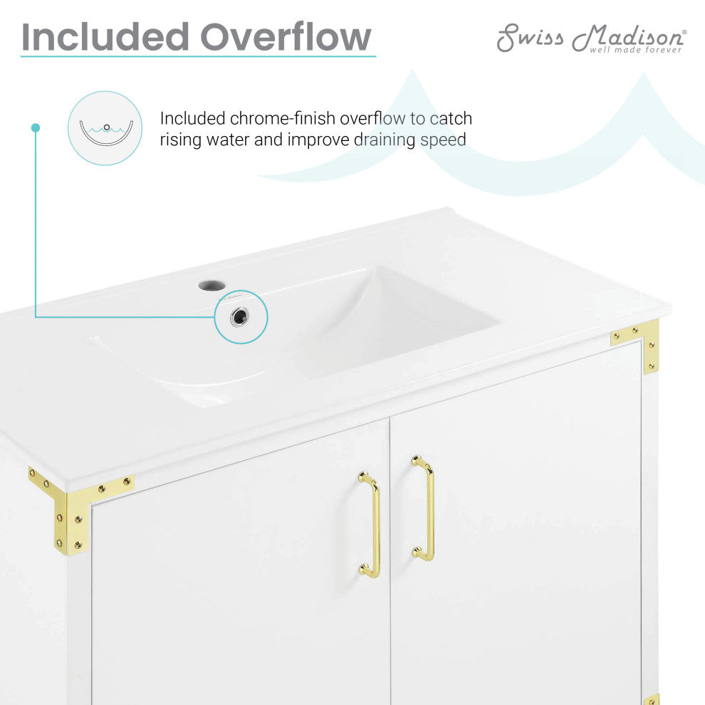 Voltaire 36" Single, Bathroom Vanity, White With Gold Hardware
