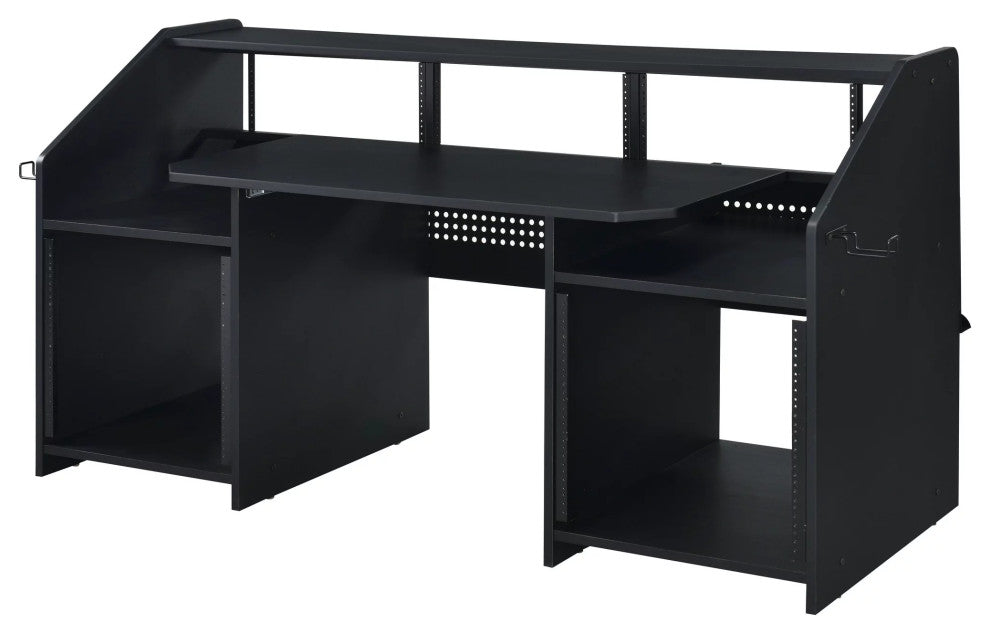 Modern Desk, Rectangular Top With Open Shelves & Metal Accents, Black