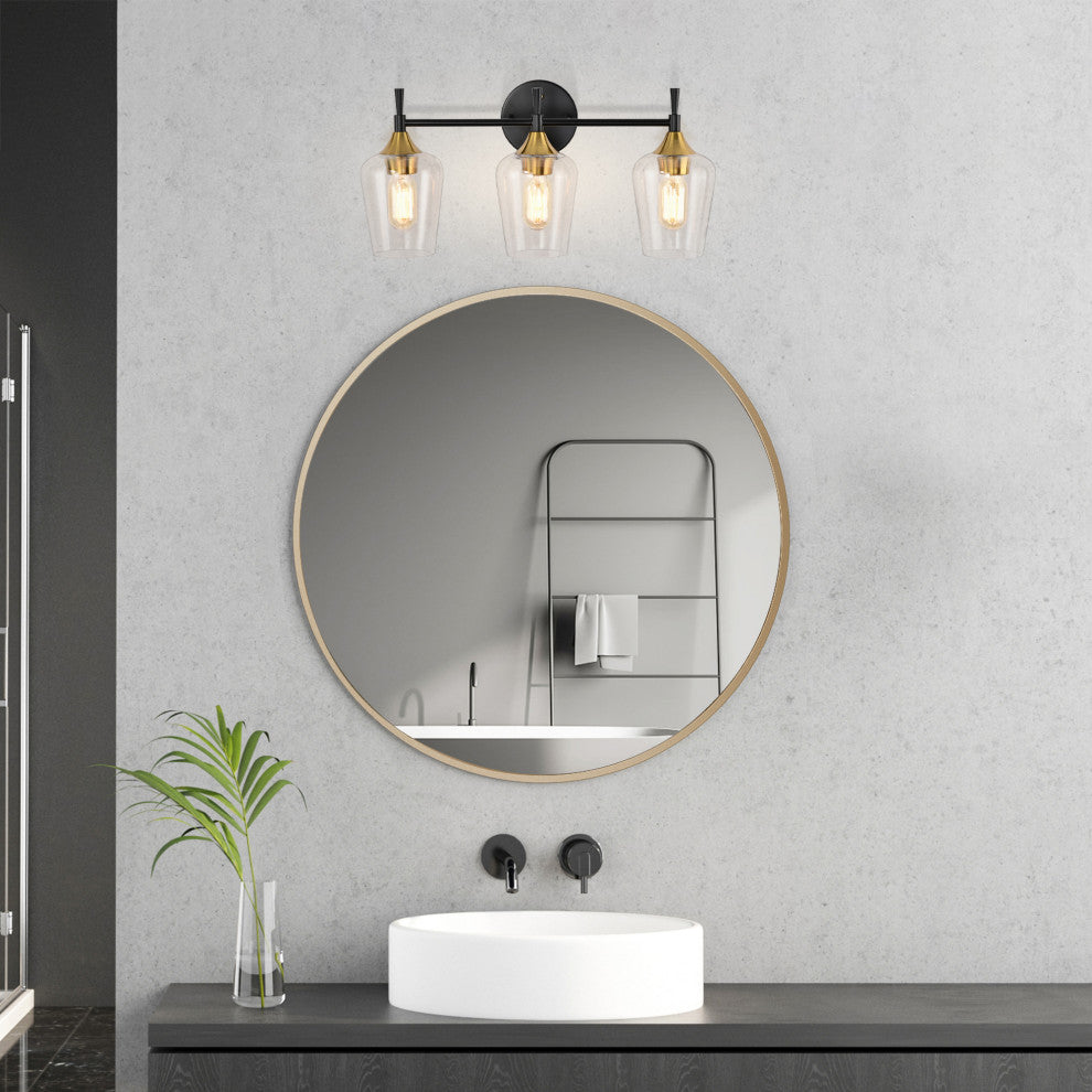 21 in. 3-Light Black and Antique Brass Vanity Light With Clear Wine Glass Shades
