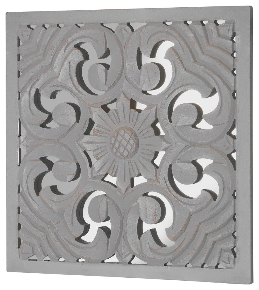 Distressed Reflective Grey Floral Wood Square Wall Medallion - 16"x16"