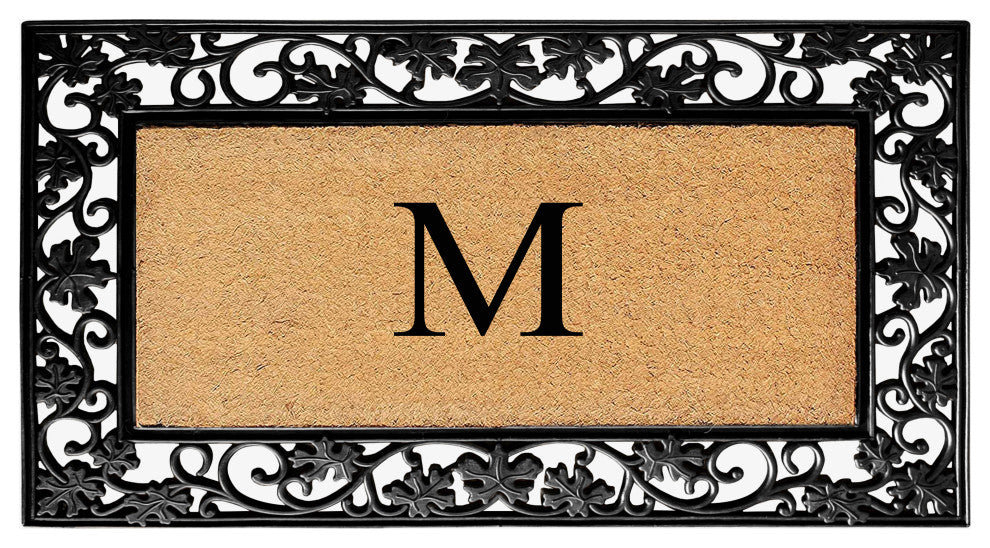 A1HC Floral Border Black 18x30 Rubber and Coir Heavy Duty Monogrammed Doormat, M