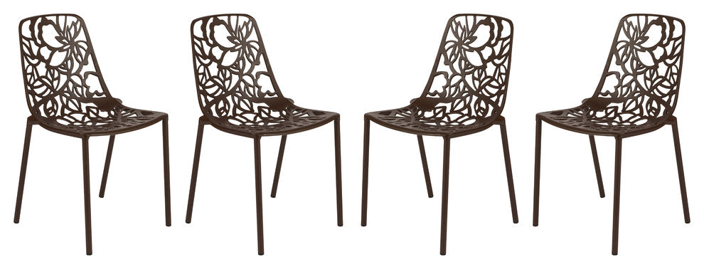 LeisureMod Devon Modern Outdoor Stackable Aluminum Dining Chair, Set of 4, Brown