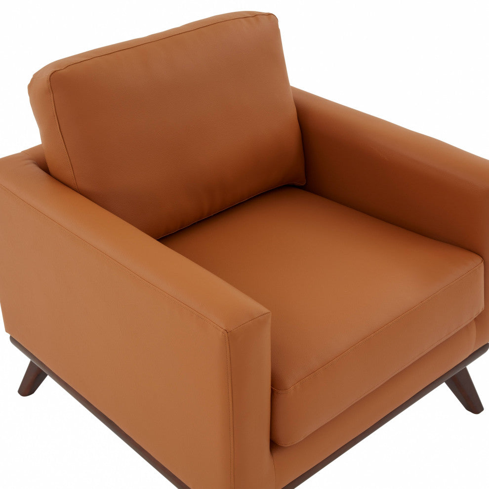 LeisureMod Chester Mid-Century Modern Faux Leather Accent Arm Chair, Cognac Tan