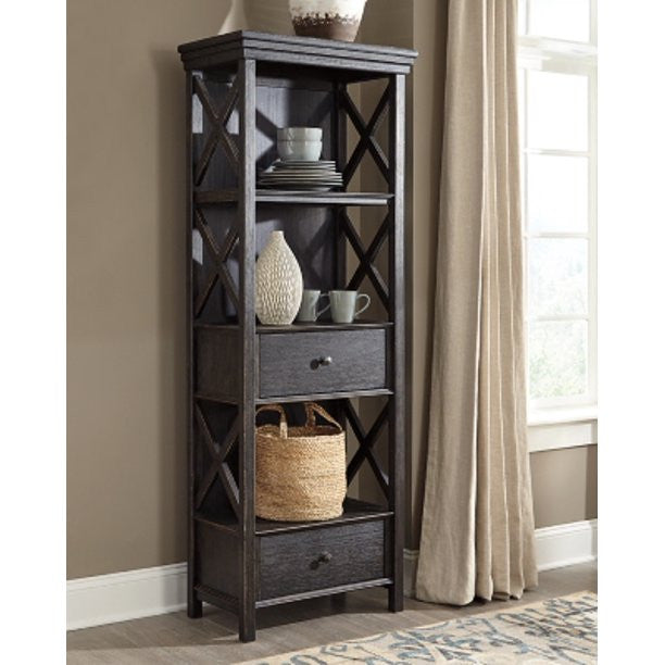 Farmhouse Bookcase, 2 Drawers & Open Shelves With X-Shaped Sides, Black/Gray