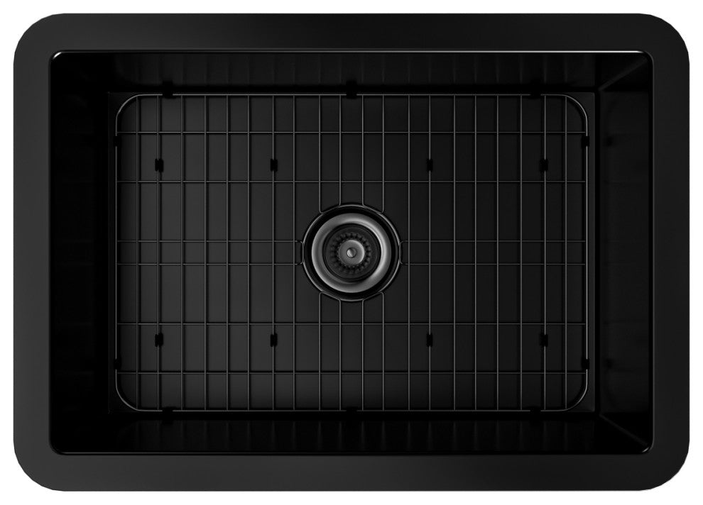 27in Undermount Single Bowl Fireclay Kitchen Sink with Grid and Drainer, Matte Black