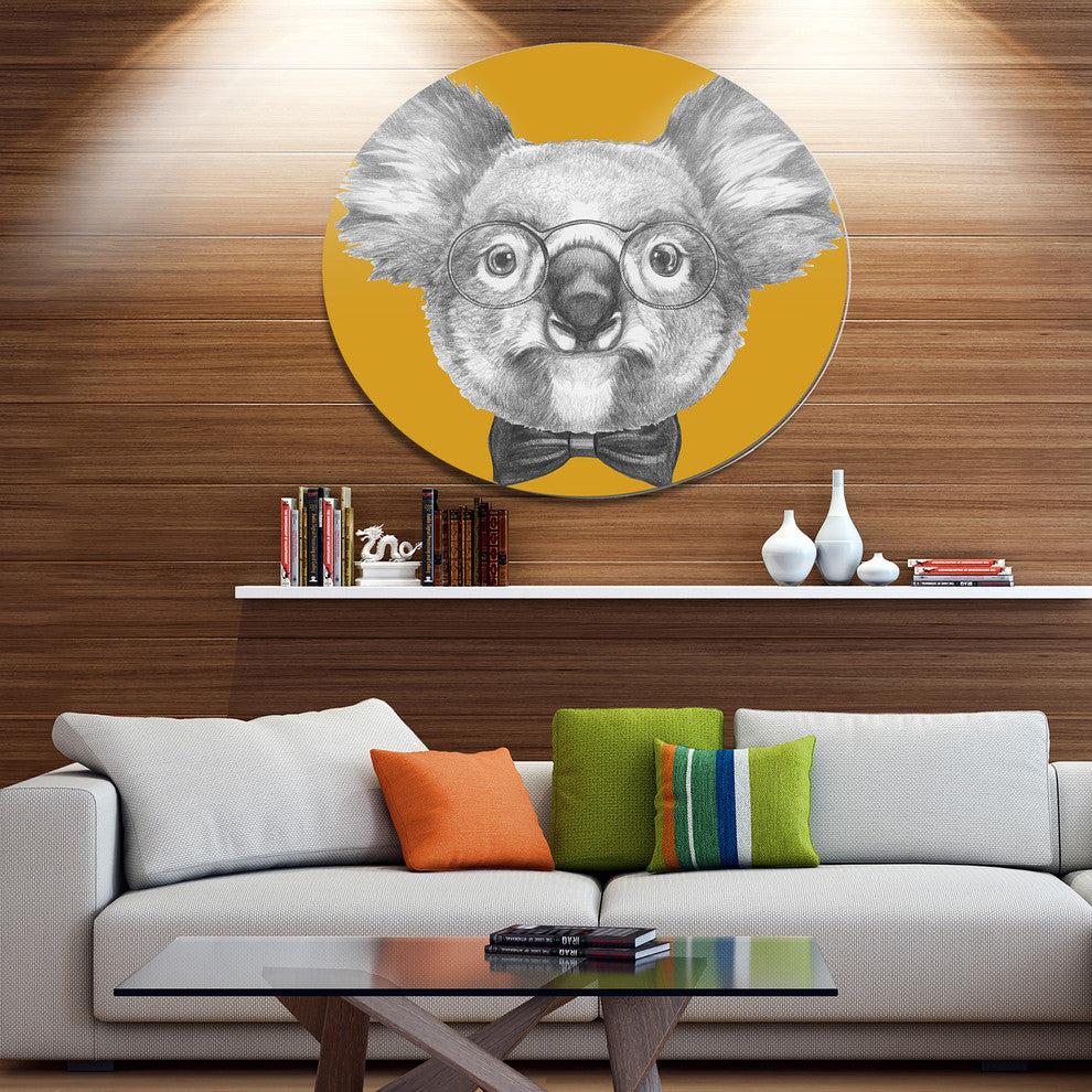 Koala With Glasses And Bow Tie, Animal Art Round Metal Wall Art, 11"