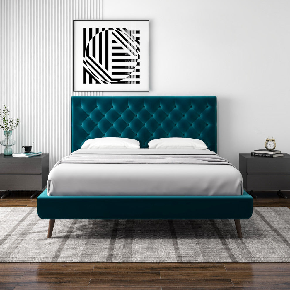 Ashley Midcentury Velvet Tufted Solid Wood Platform Bed, Teal, Queen
