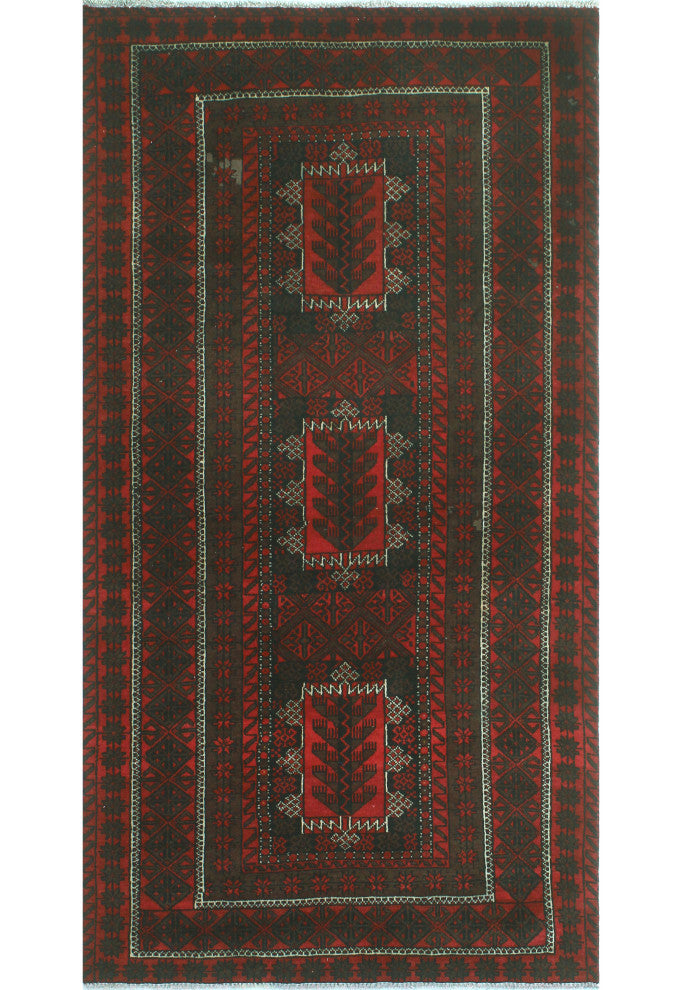 Vintage Distressed Florid Red/Charcoal Rug, 3'10x7'3