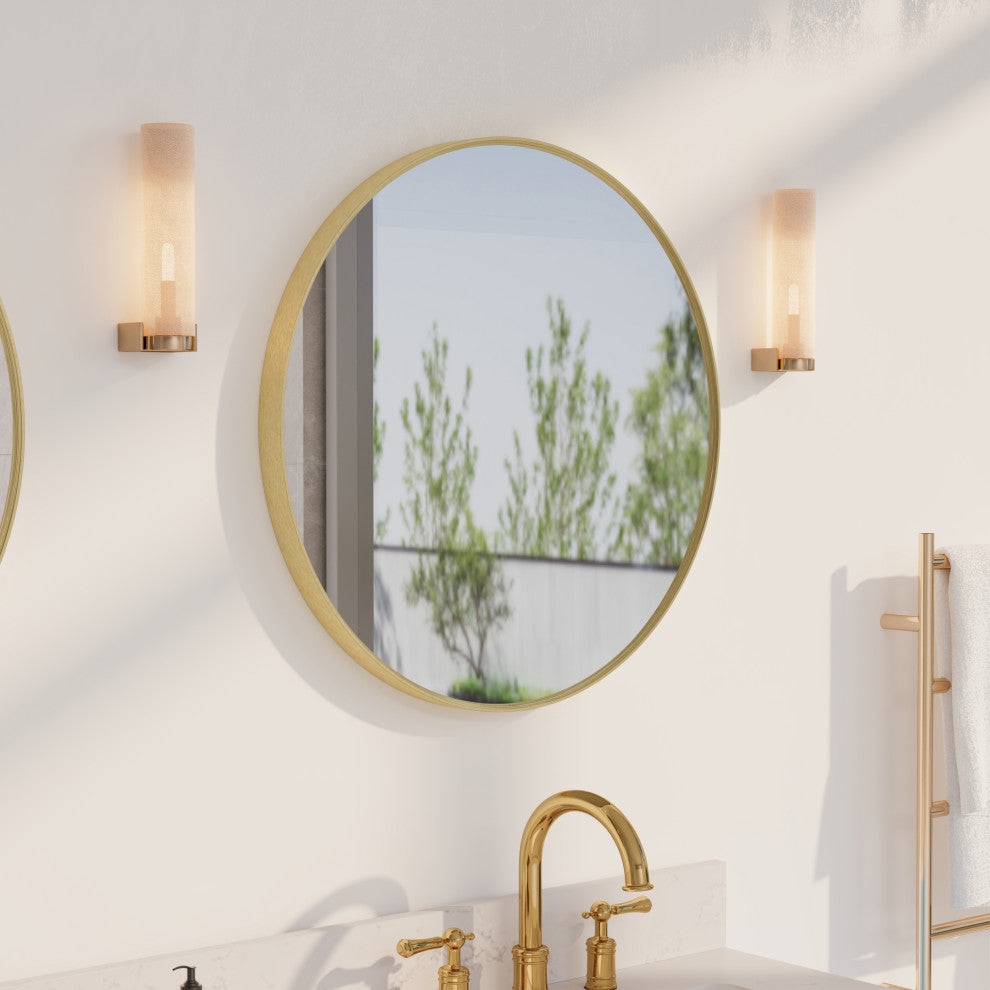 24" Round Anodized Aluminum Wall Vanity Mirror, Brushed Gold
