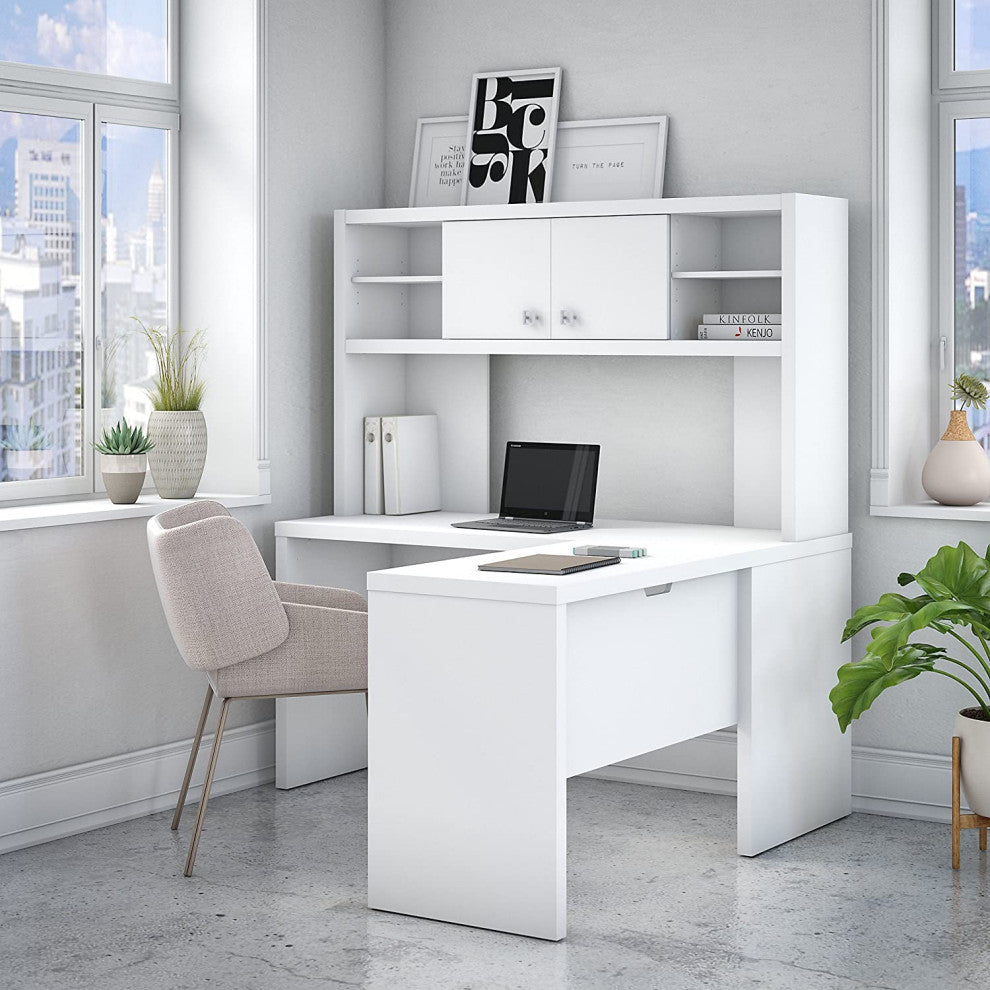 Contemporary L-Shaped Desk, Hutch With Open Shelves and Cabinet, Pure White