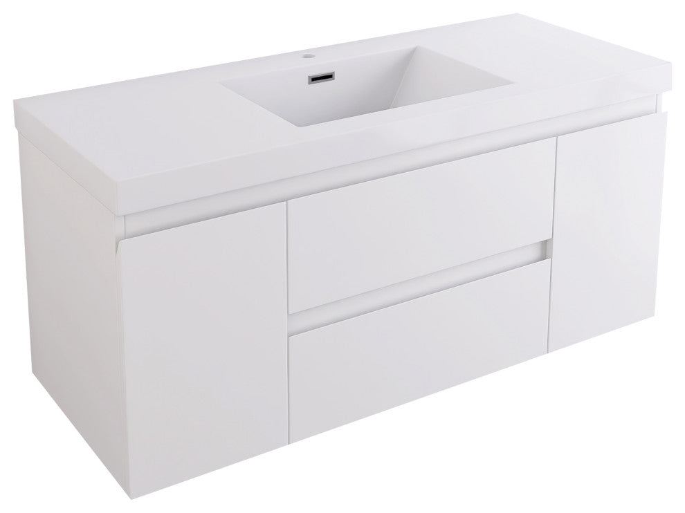 Wall-Mounted Bathroom Vanity with Integrated Resin Sink, White, 48in.