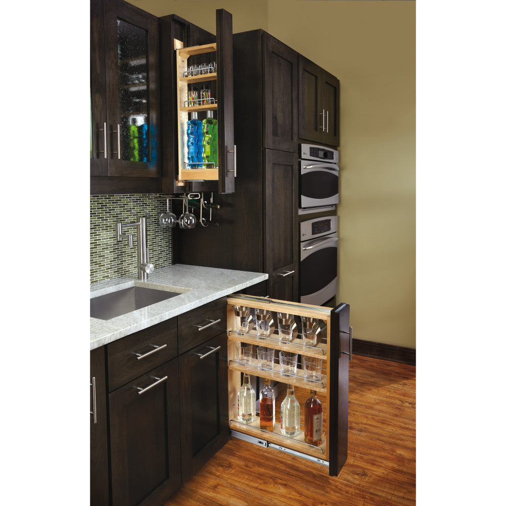 Wood Base Filler Pull Out Organizer for New Kitchen Applications, 9"