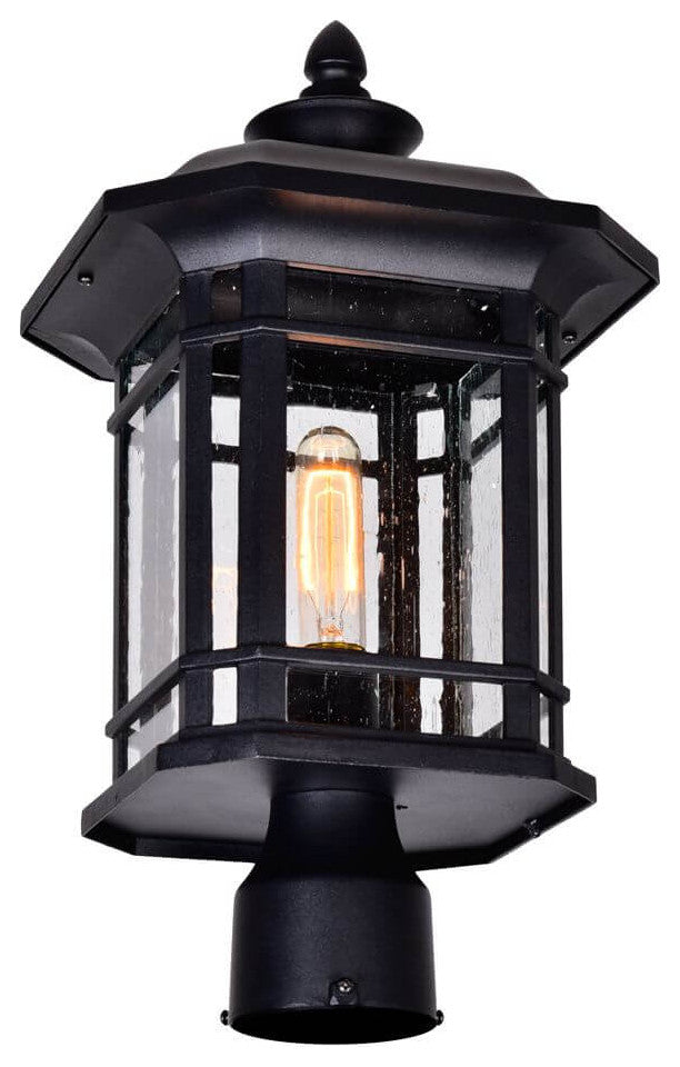 1 Light 18" Tall Outdoor Post Lantern, Black With Water Glass