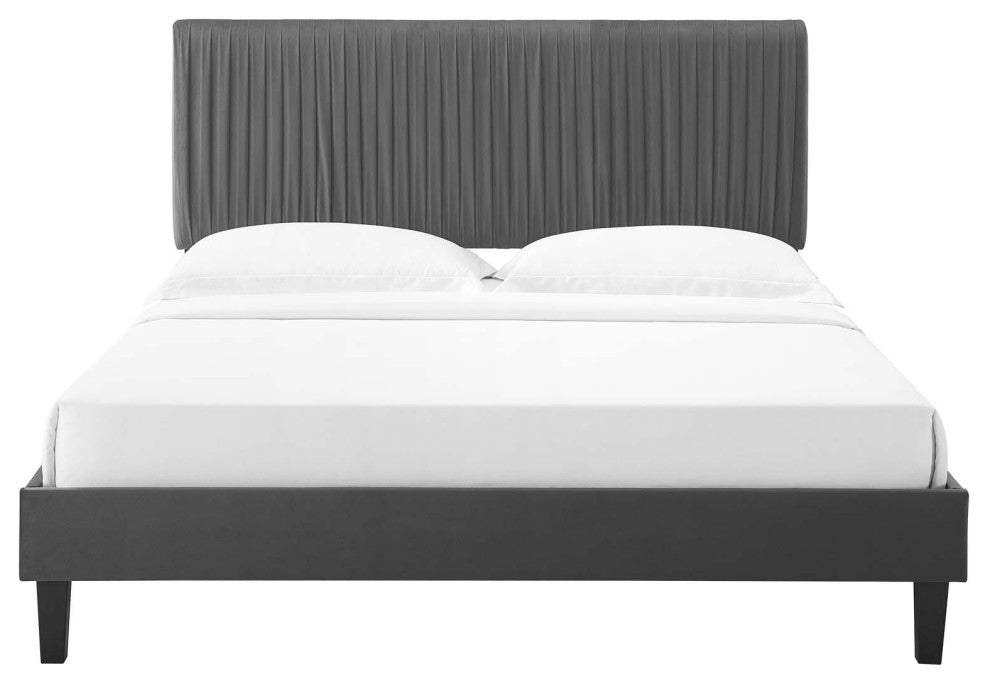 Platform Bed Frame, Twin Size, Velvet, Dark Grey Gray, Modern Contemporary
