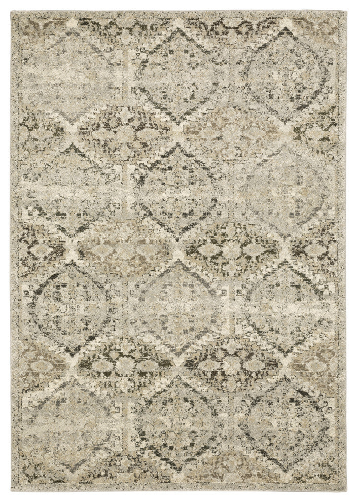 Fleming Distressed Floral Panel Ivory and Grey Area Rug, 6'7"x9'6"