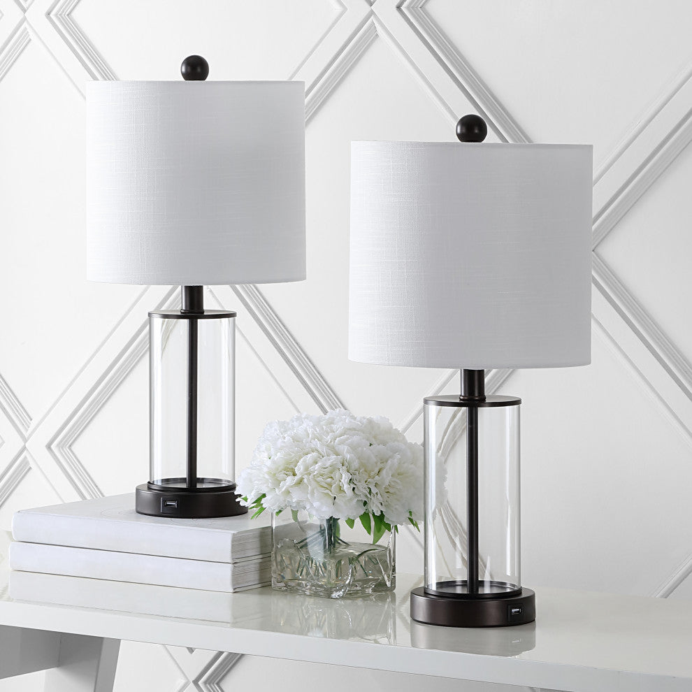 Abner Glass Contemporary USB Charging LED Table Lamp, Oil Rubbed Bronze/Clear