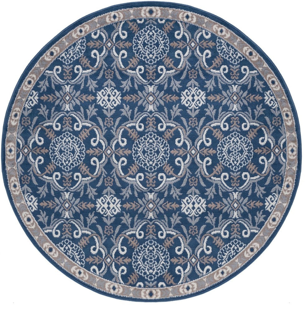 Izel Traditional Brocade Area Rug, Navy, 7'10'' Round