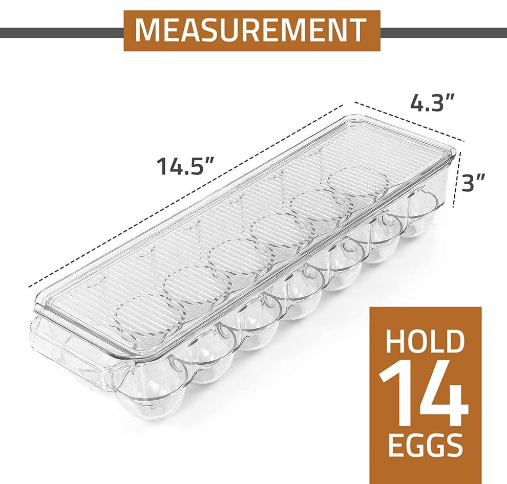 14 Egg Container For Refrigerator - With Lid & Handle (Clear, Pack of 2)